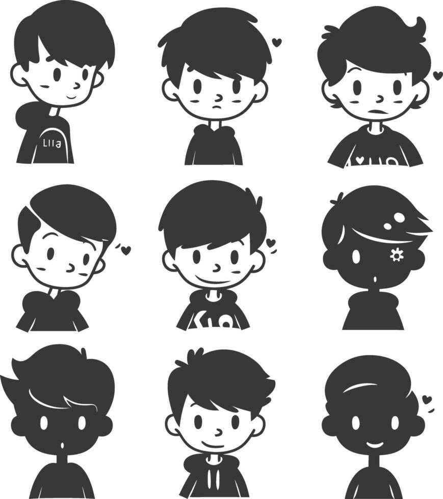 silhouette hand drawn cute boy kawaii doodle collection black color only vector