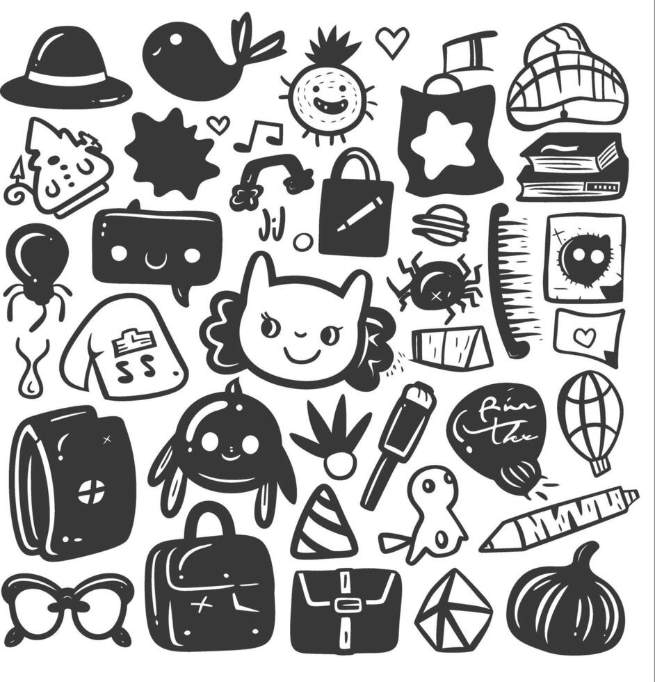 silhouette hand drawn cute back to school element kawaii doodle collection black color only vector