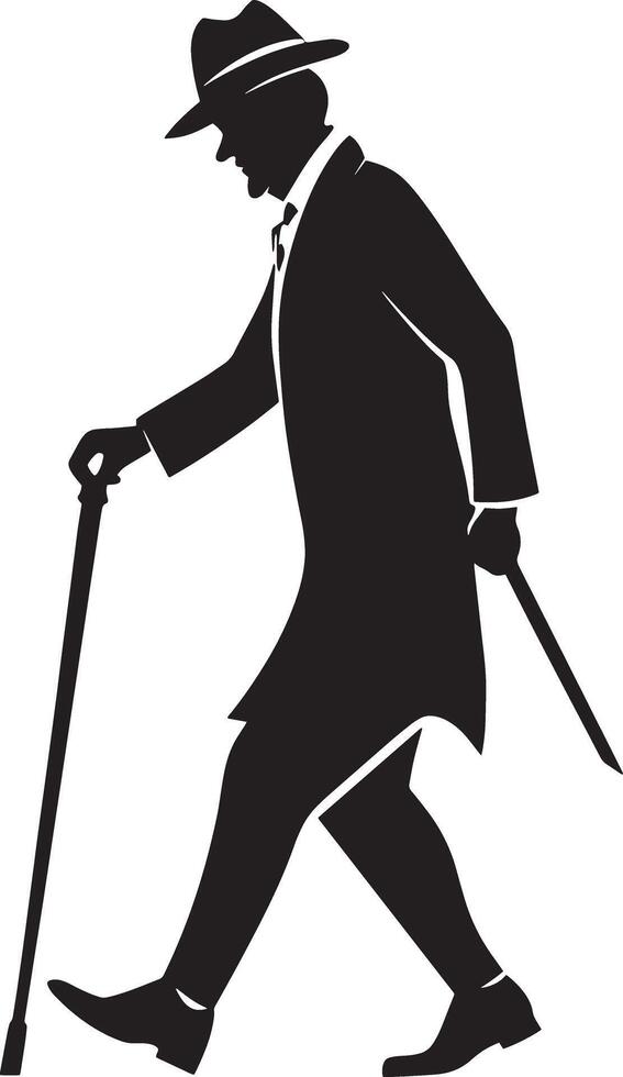 Old man walking and relying on a cane set against a white background vector