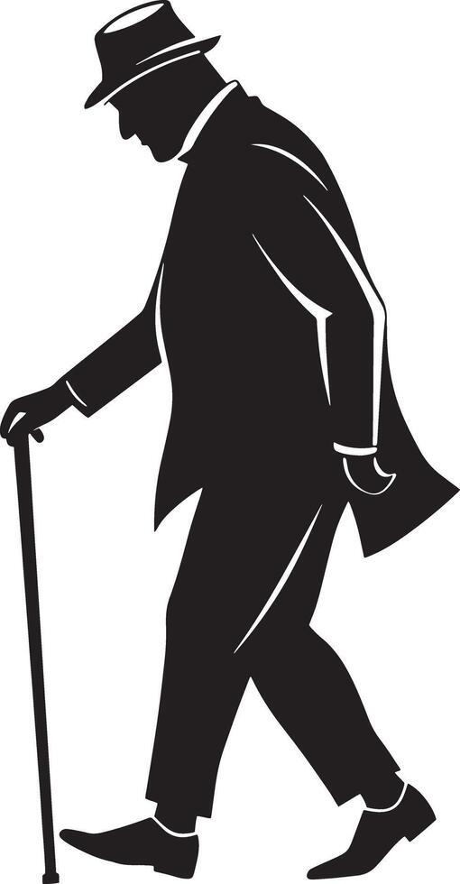 Old man walking and relying on a cane set against a white background vector