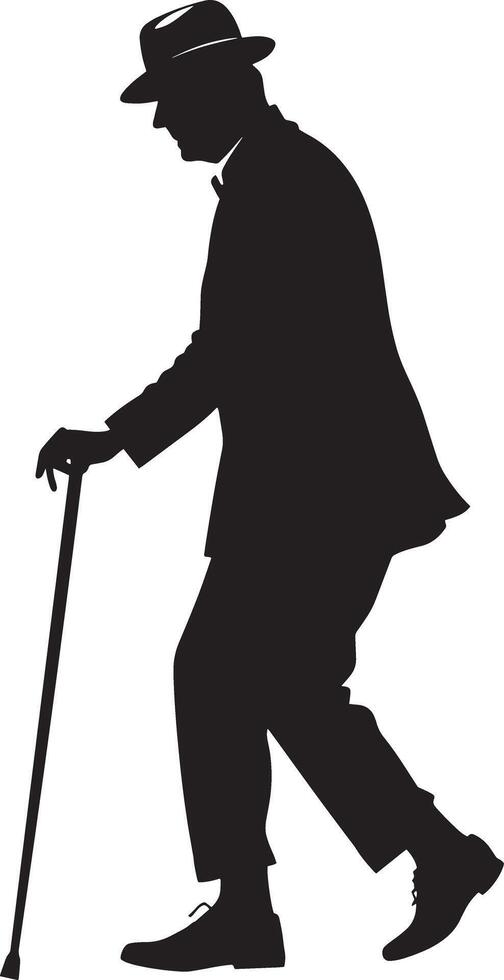 Old man walking and relying on a cane set against a white background vector