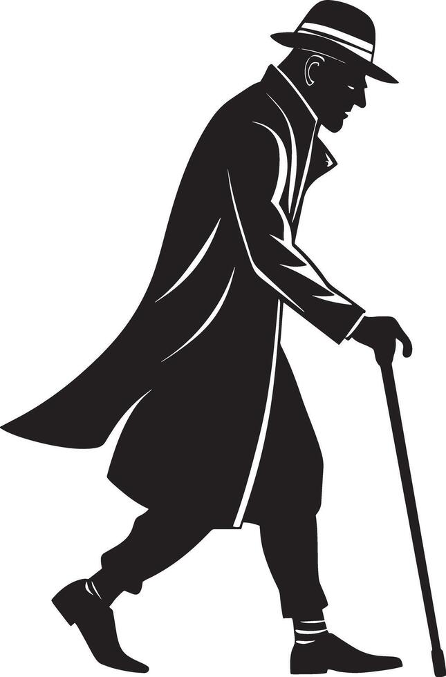 Old man walking and relying on a cane set against a white background vector