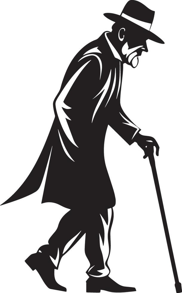 Old man walking and relying on a cane set against a white background vector