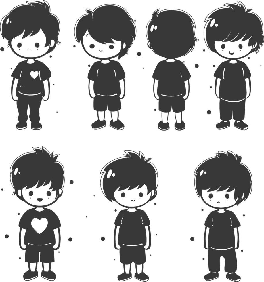 silhouette hand drawn cute boy kawaii doodle collection black color only vector