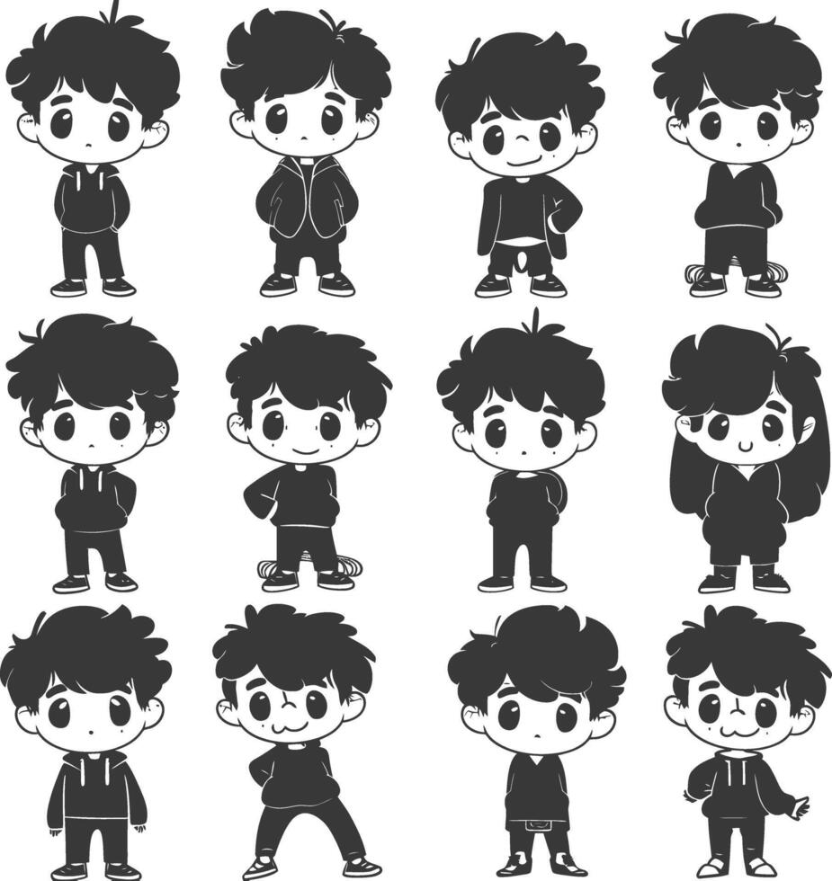 silhouette hand drawn cute boy kawaii doodle collection black color only vector