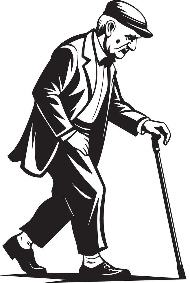 Old man walking and relying on a cane set against a white background vector
