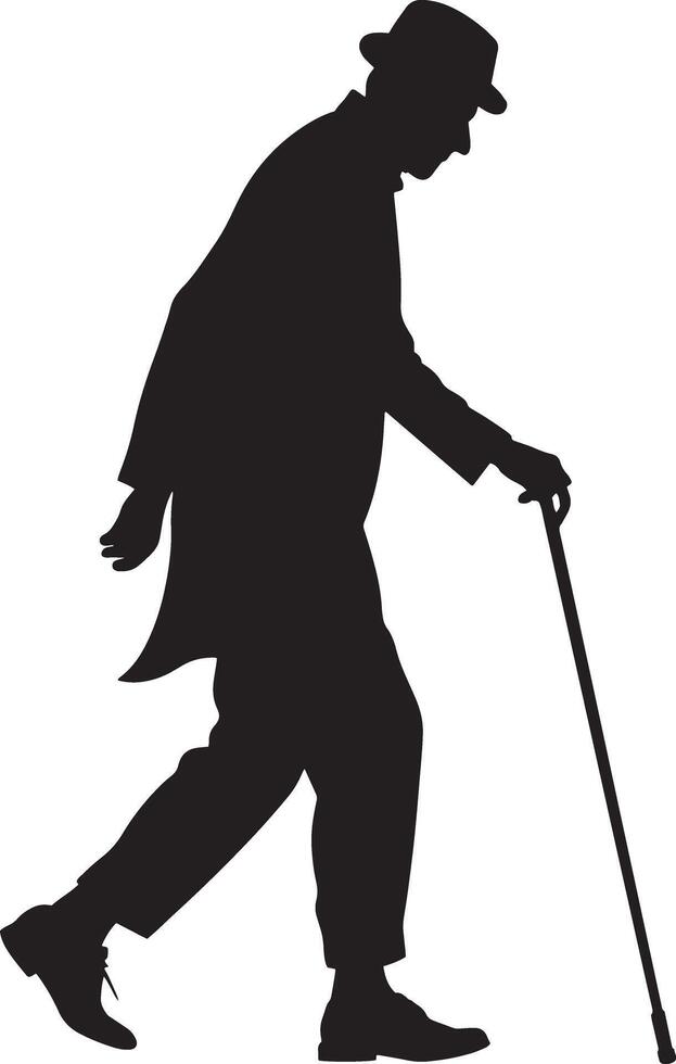 Old man walking and relying on a cane set against a white background vector