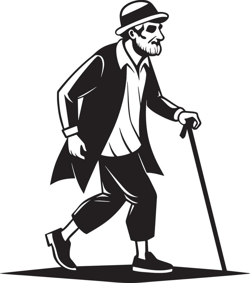 Old man walking and relying on a cane set against a white background vector