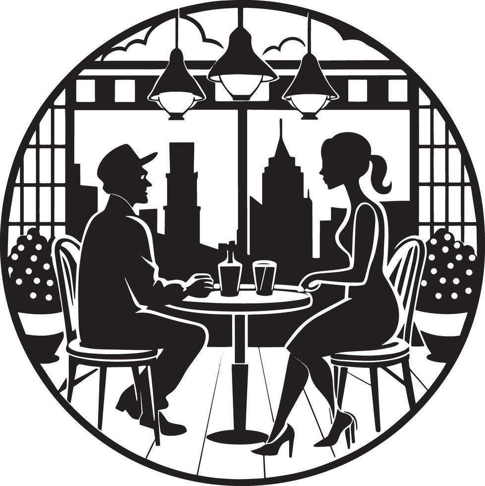 couple in city cafe illustration black and white vector