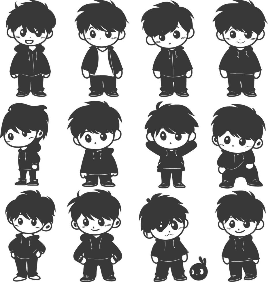 silhouette hand drawn cute boy kawaii doodle collection black color only vector