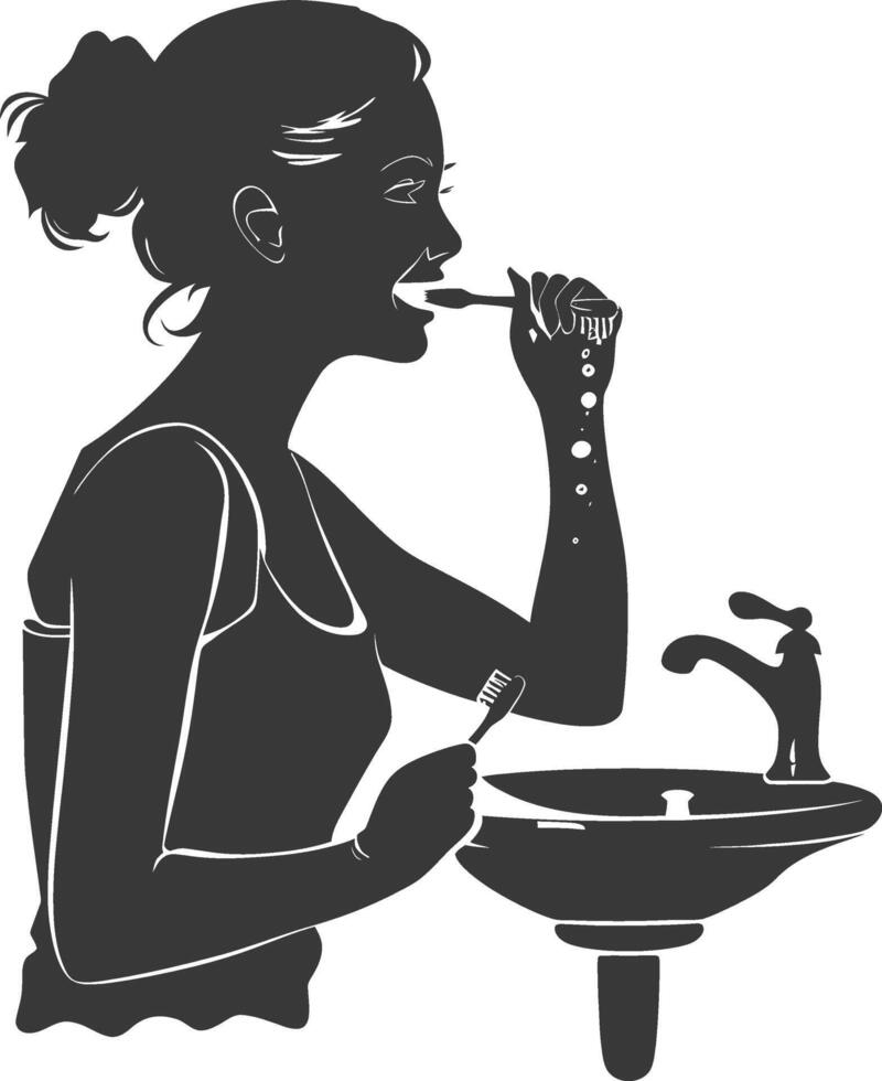 silhouette woman brushing his teeth in front of the mirror black color only vector