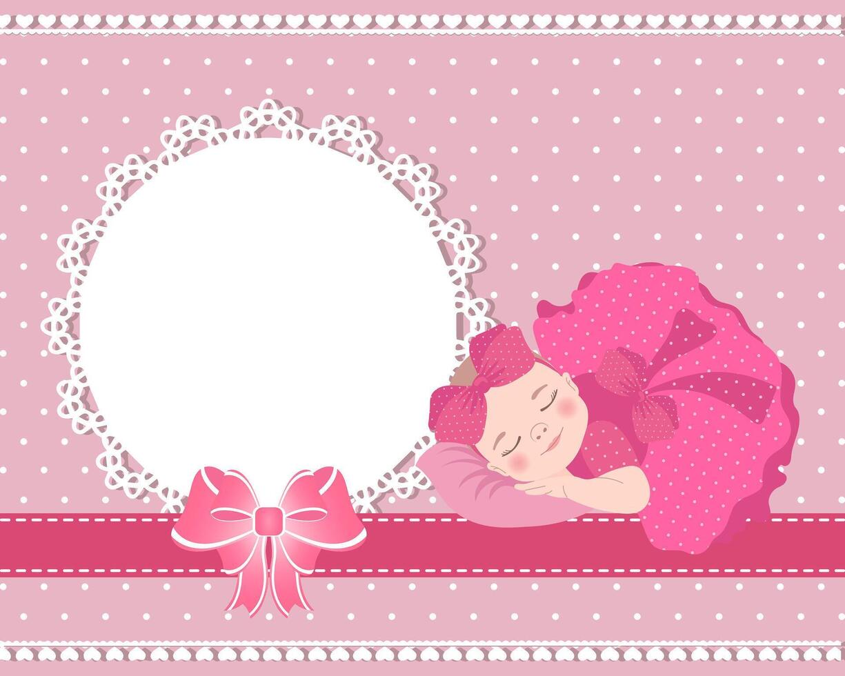 Children's birthday card with a cute baby girl and a lace template with a bow for text. Design for newborns. Illustration vector