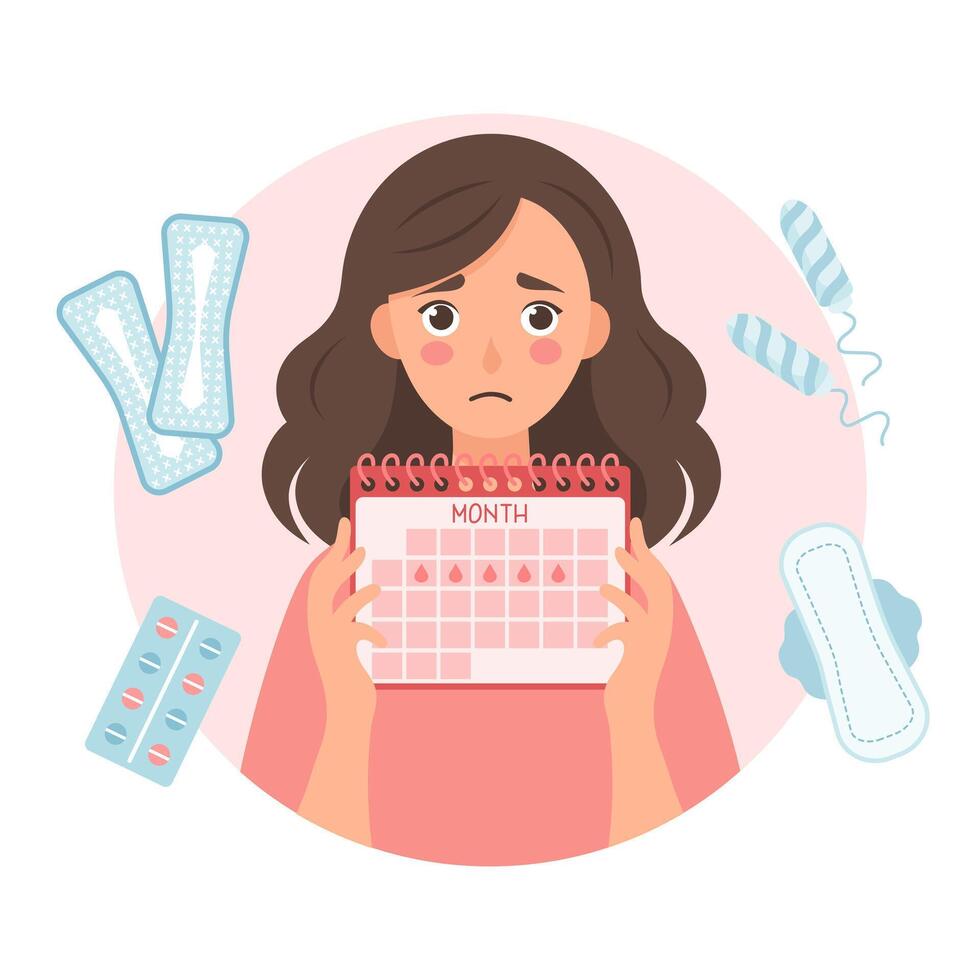 Sad woman with a menstrual calendar in her hands. Healthcare and medicine. Illustration vector