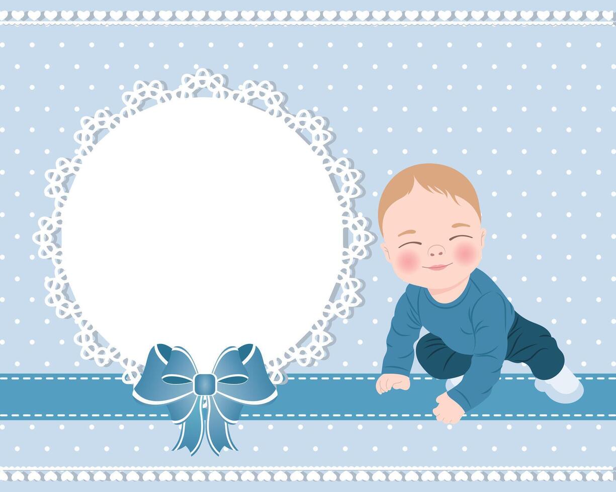 Baby card with a cute baby boy and a lace template with a bow for text. Design for newborns. Illustration vector