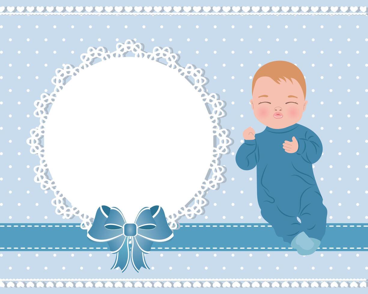 Baby card with a cute baby boy and a lace template with a bow for text. Design for newborns. Illustration vector