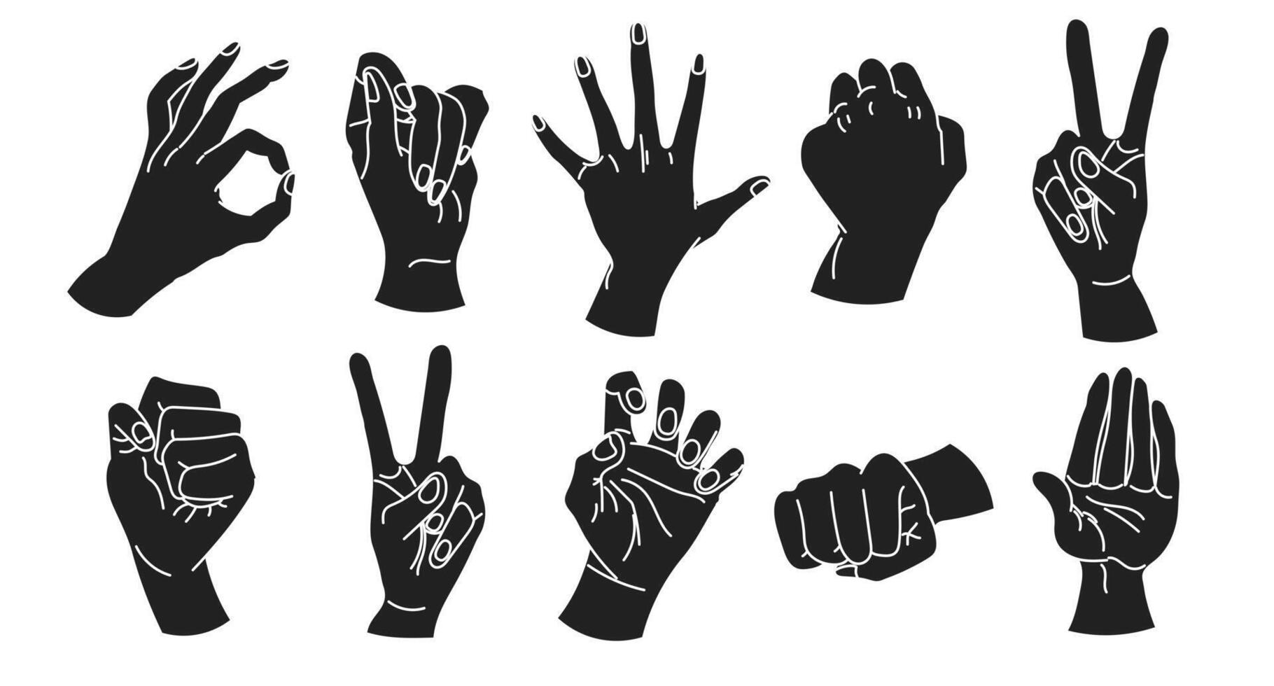 Set of drawn human hands. A set of hands in a collection of various gestures. illustration vector