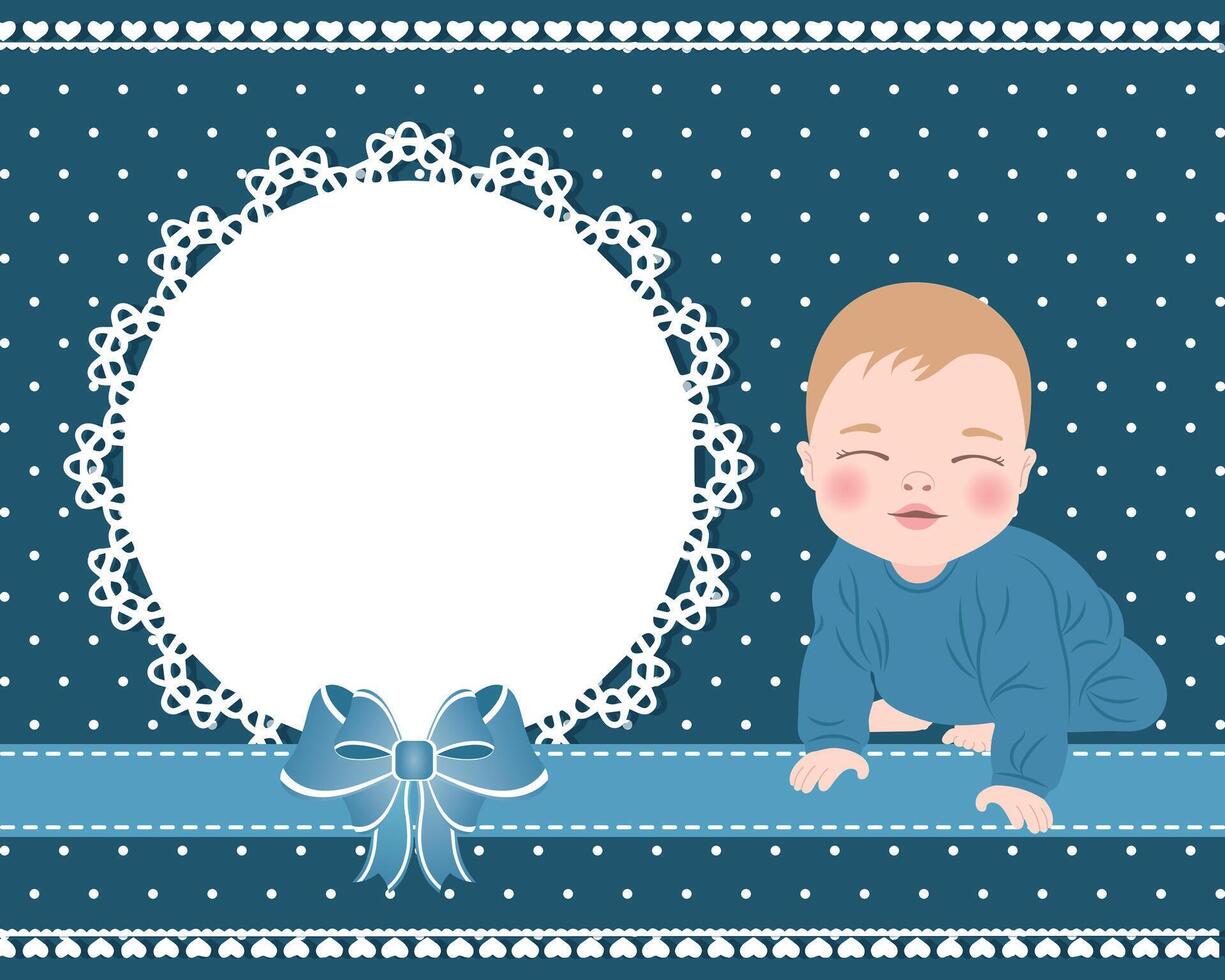 Baby card with a cute baby boy and a lace template with a bow for text. Design for newborns. Illustration vector