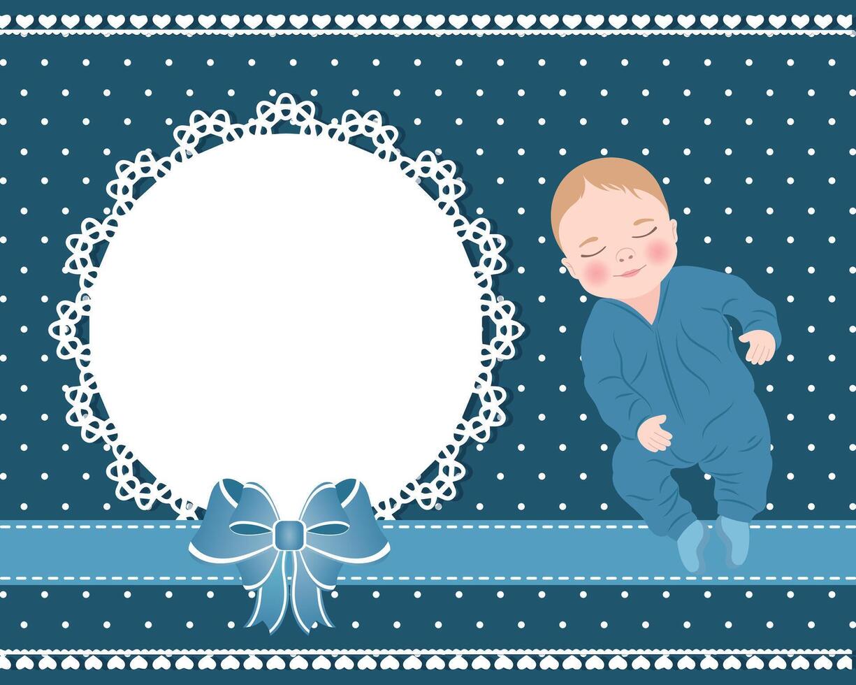 Baby card with a cute baby boy and a lace template with a bow for text. Design for newborns. Illustration vector