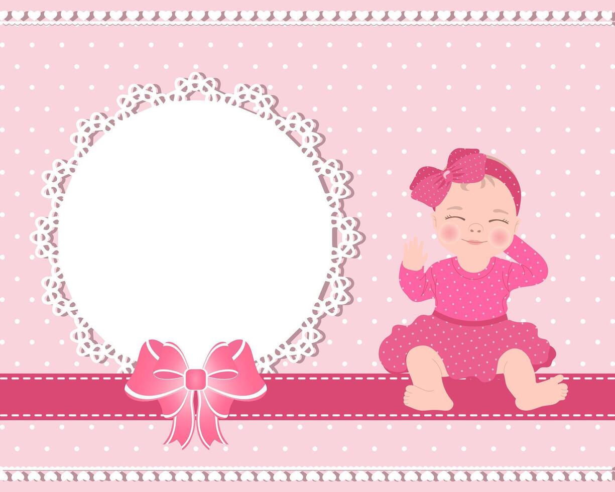 Children's birthday card with a cute baby girl and a lace template with a bow for text. Design for newborns. Illustration vector