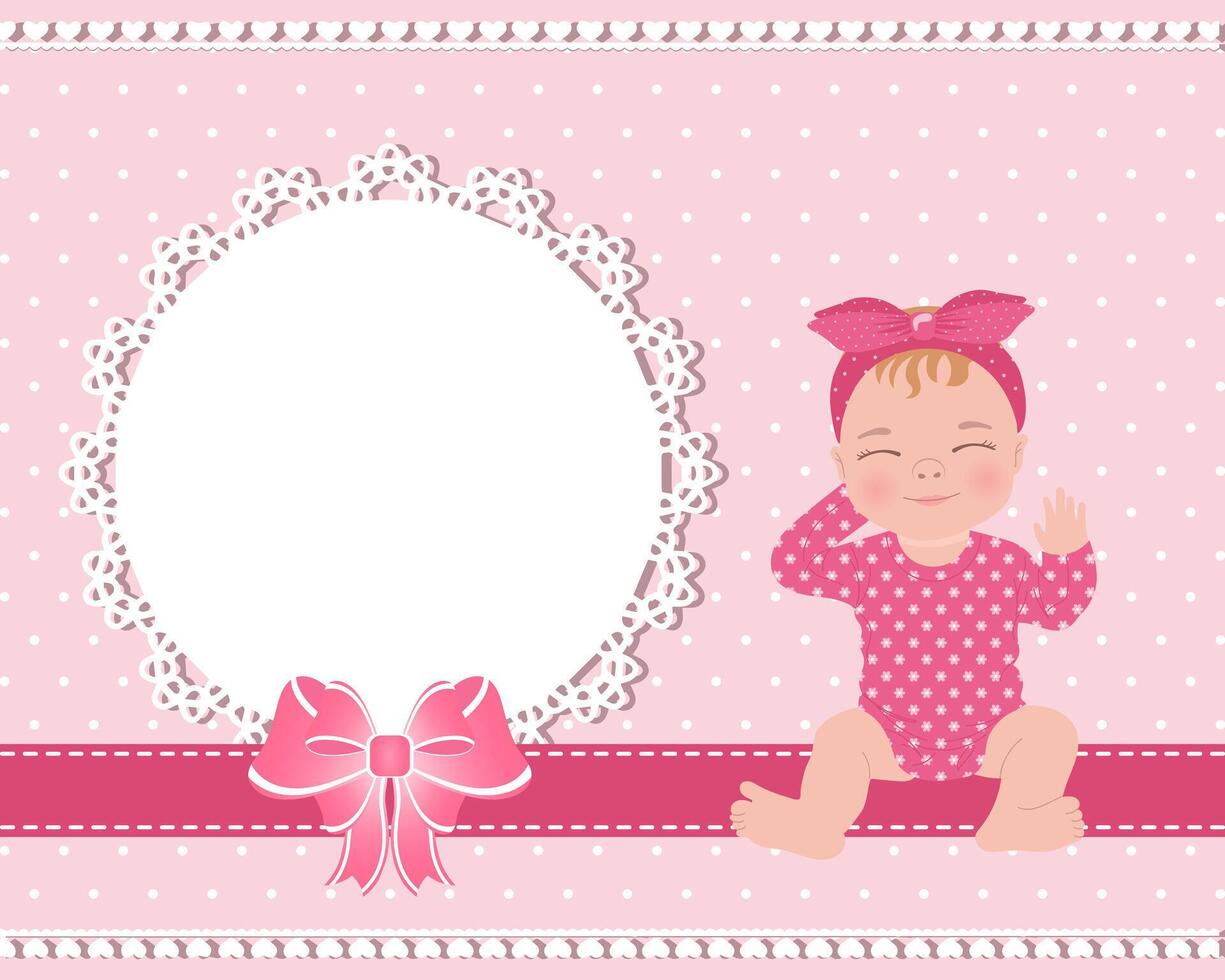 Children's birthday card with a cute baby girl and a lace template with a bow for text. Design for newborns. Illustration vector