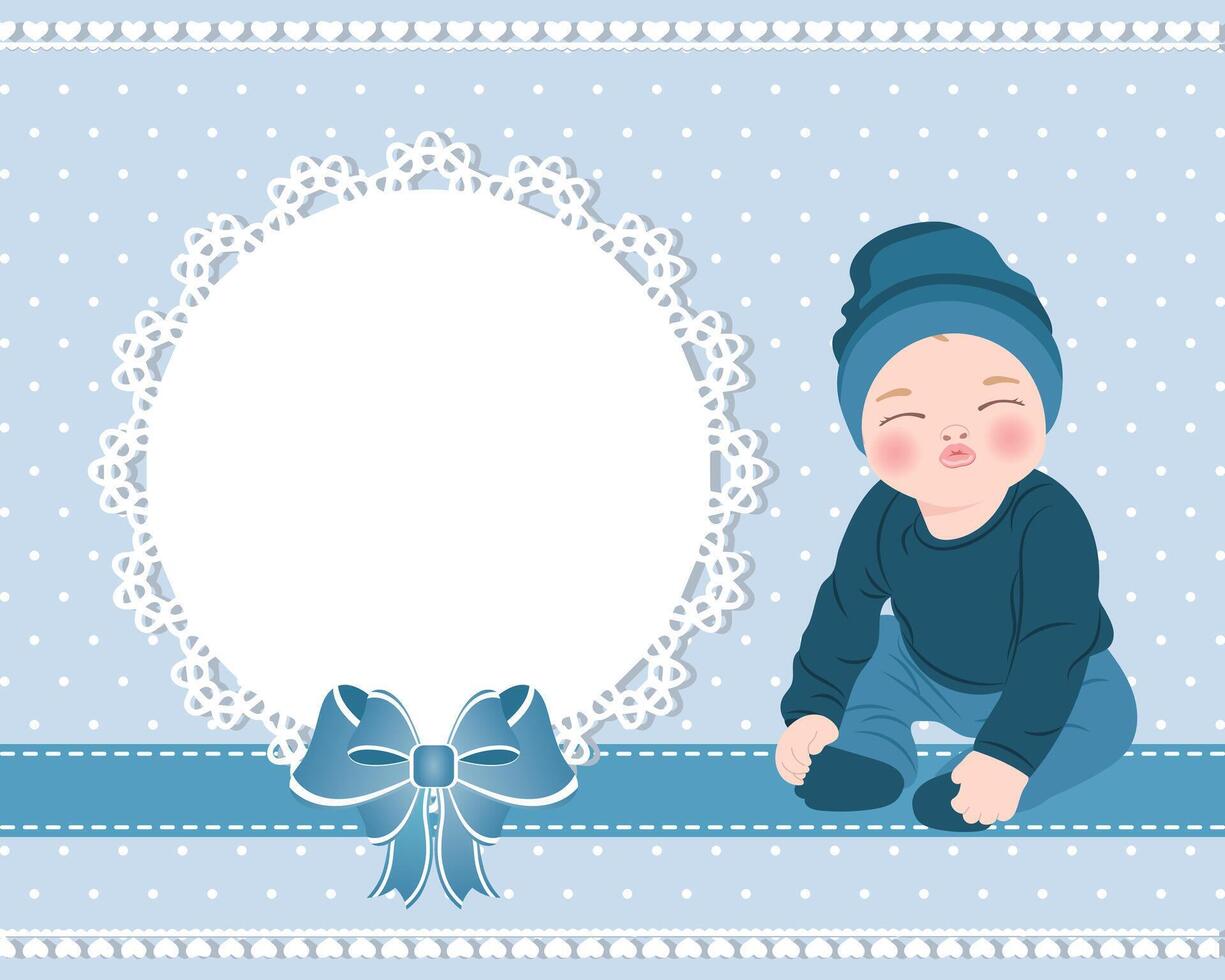 Baby card with a cute baby boy and a lace template with a bow for text. Design for newborns. Illustration vector