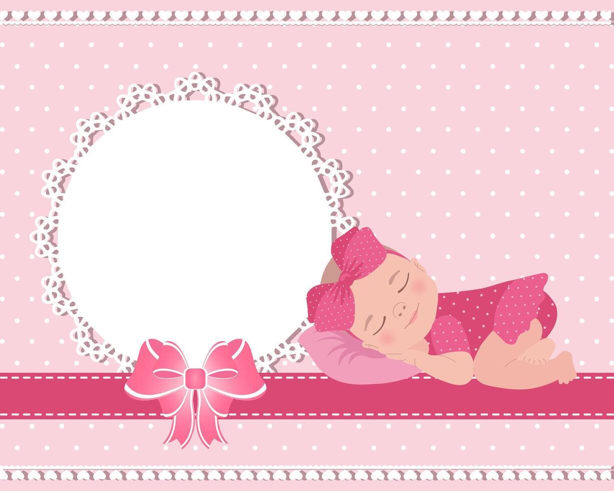 Children's birthday card with a cute baby girl and a lace template with a bow for text. Design for newborns. Illustration vector