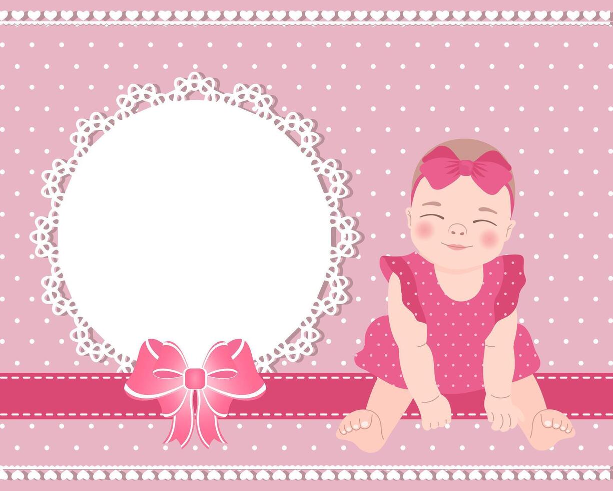 Children's birthday card with a cute baby girl and a lace template with a bow for text. Design for newborns. Illustration vector