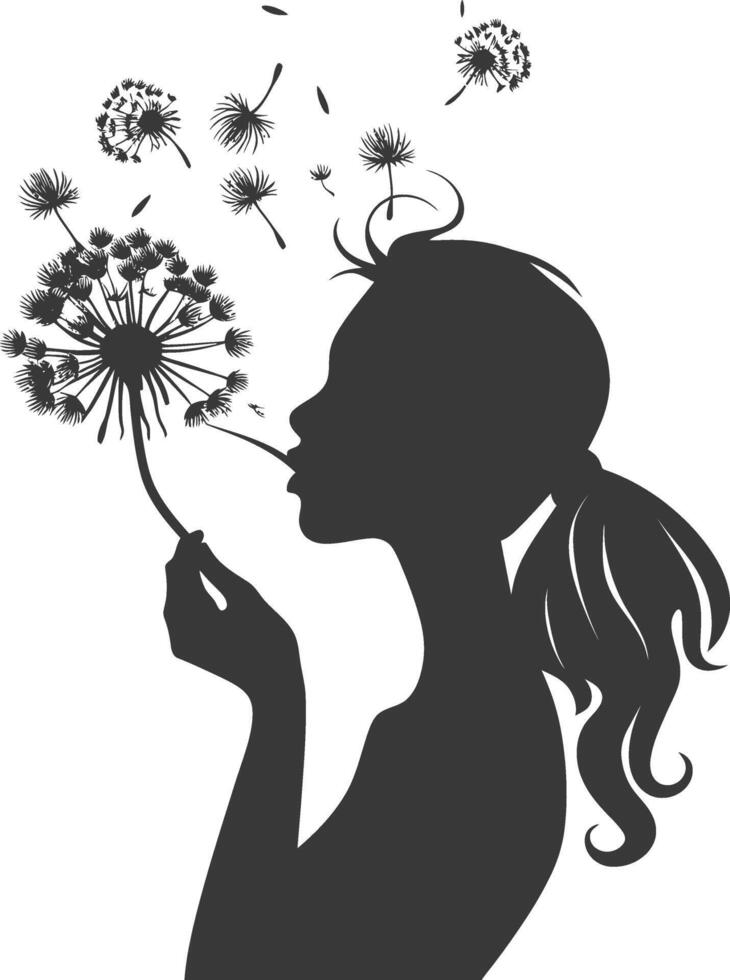 silhouette woman blows dandelion flower black color only vector