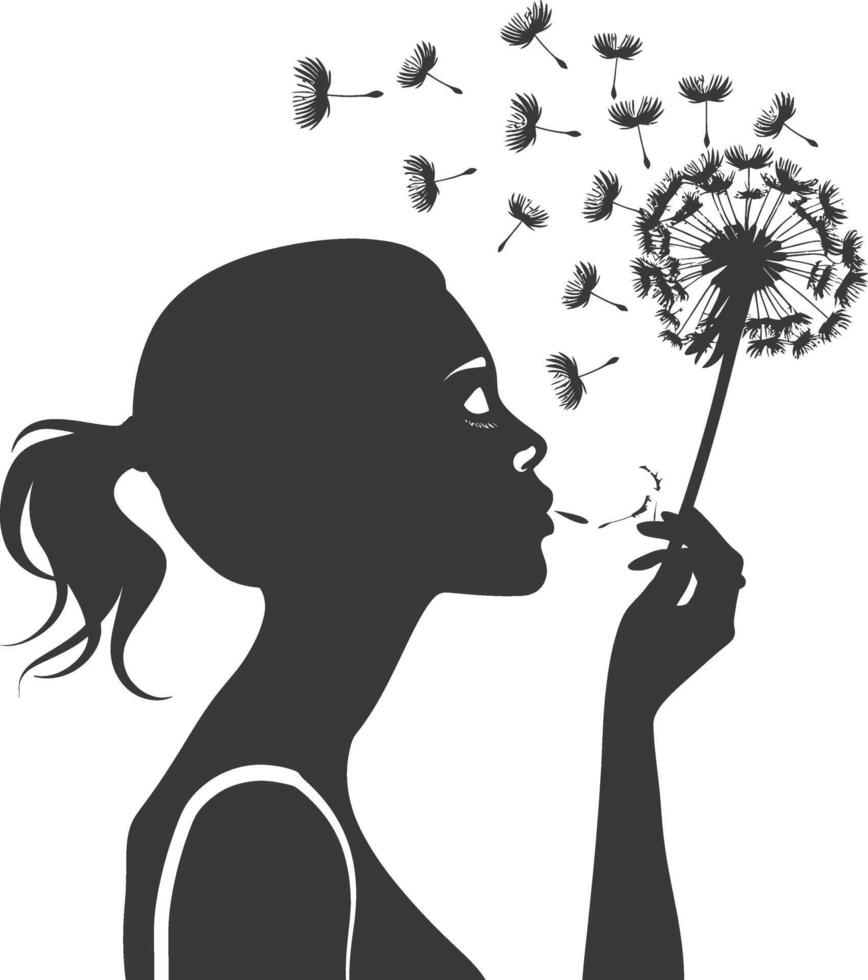 silhouette woman blows dandelion flower black color only vector
