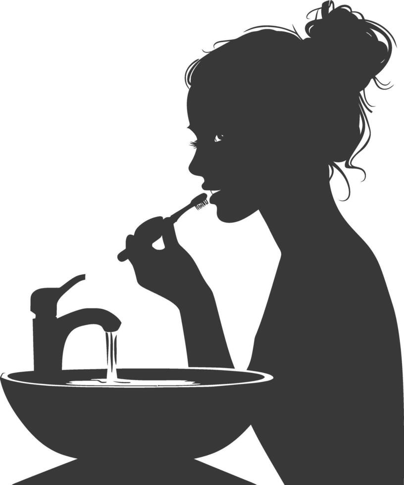 silhouette woman brushing his teeth in front of the mirror black color only vector