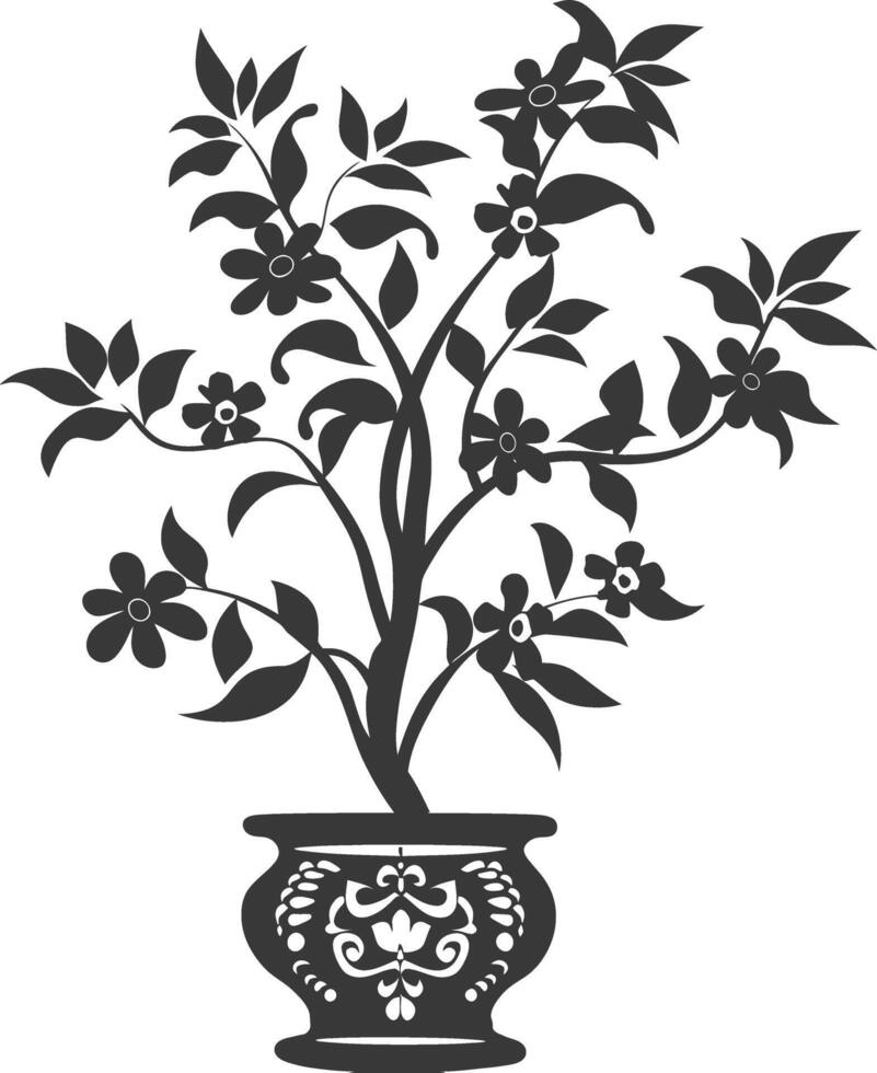 silhouette ornamental plants in pot full body black color only vector