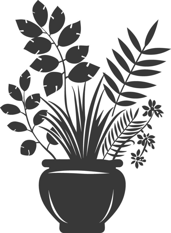 silhouette ornamental plants in pot full body black color only vector