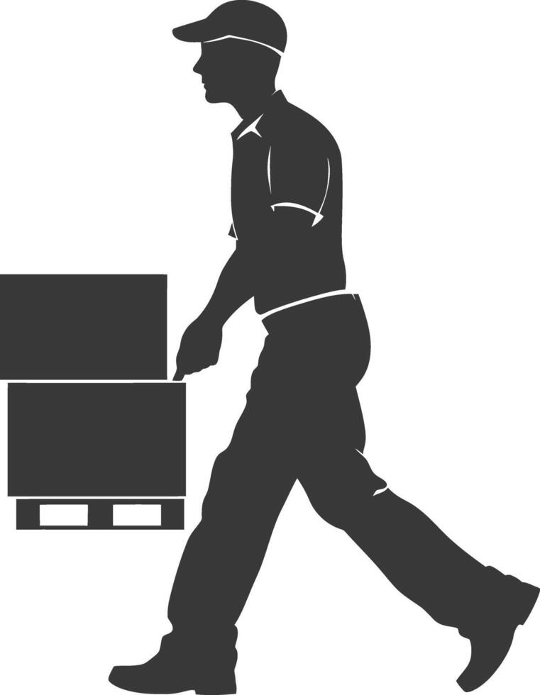 silhouette man carry goods in loader box full body black color only vector