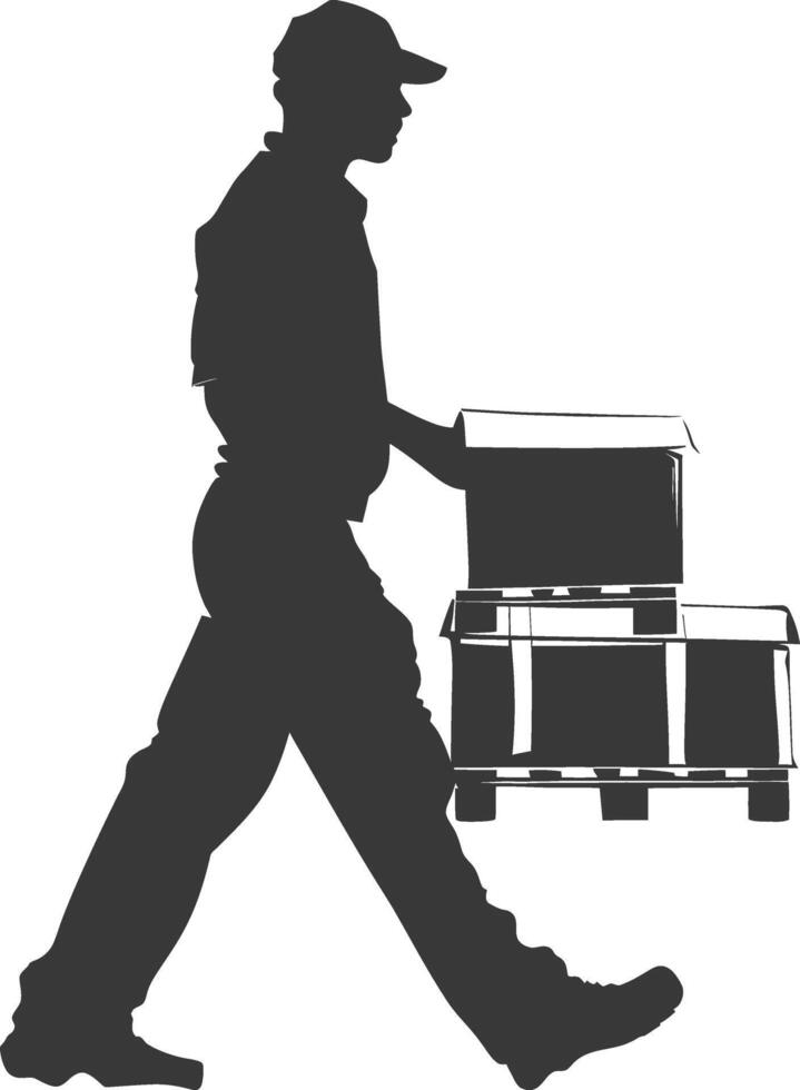silhouette man carry goods in loader box full body black color only vector