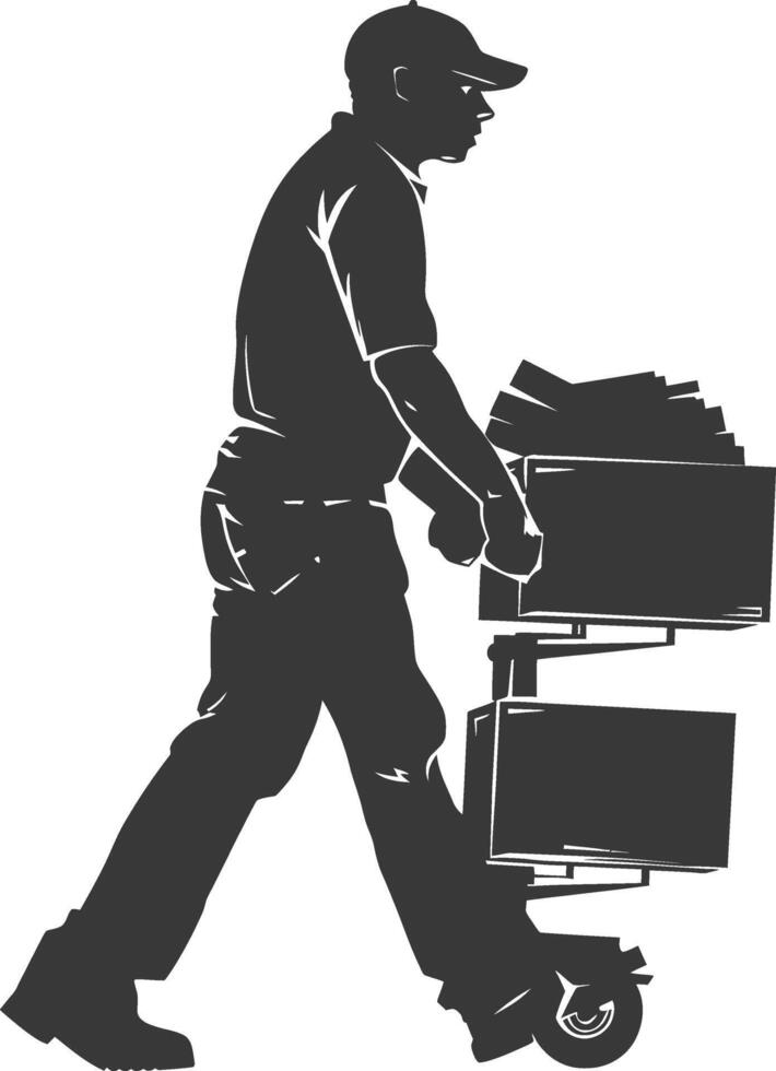 silhouette man carry goods in loader box full body black color only vector