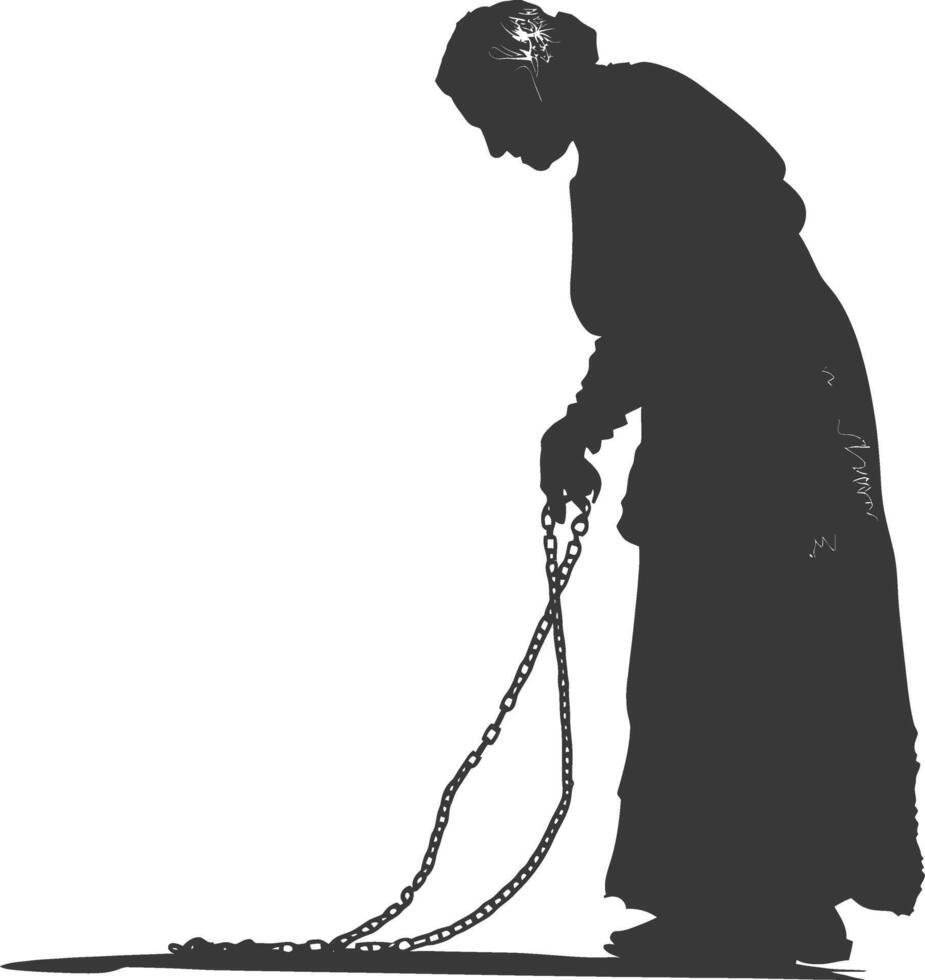 silhouette elderly woman slave with shackle full body black color only vector