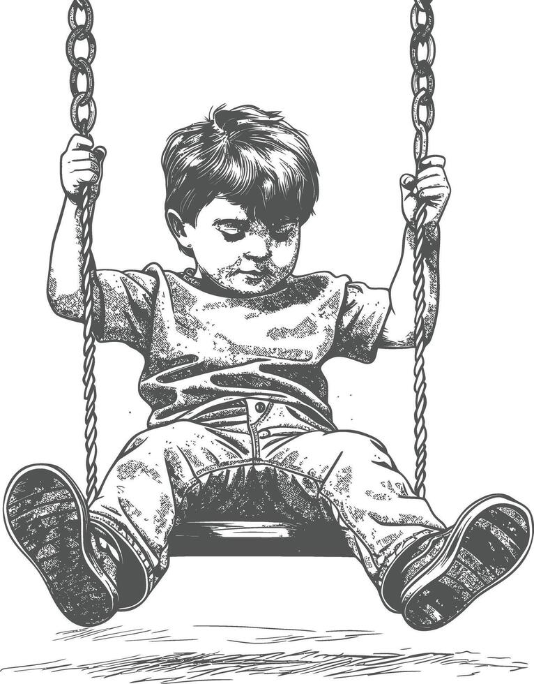 little boy playing swing in the playground with engraving style black color only vector
