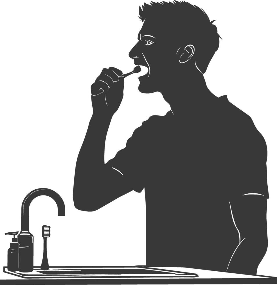 silhouette man brushing his teeth in front of the sink black color only vector