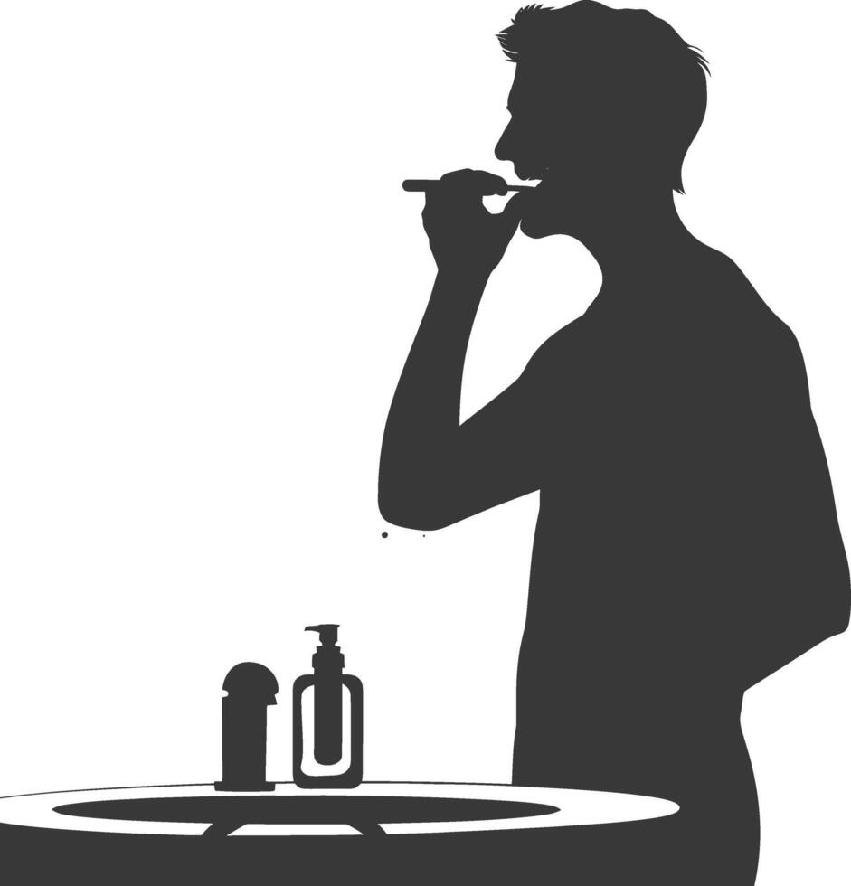 silhouette man brushing his teeth in front of the sink black color only vector