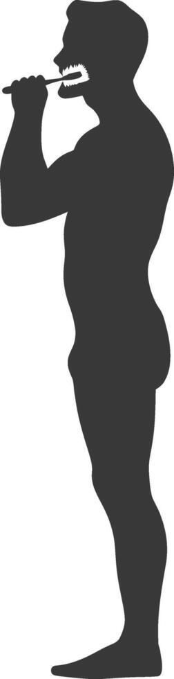 silhouette man brushing teeth full body black color only vector