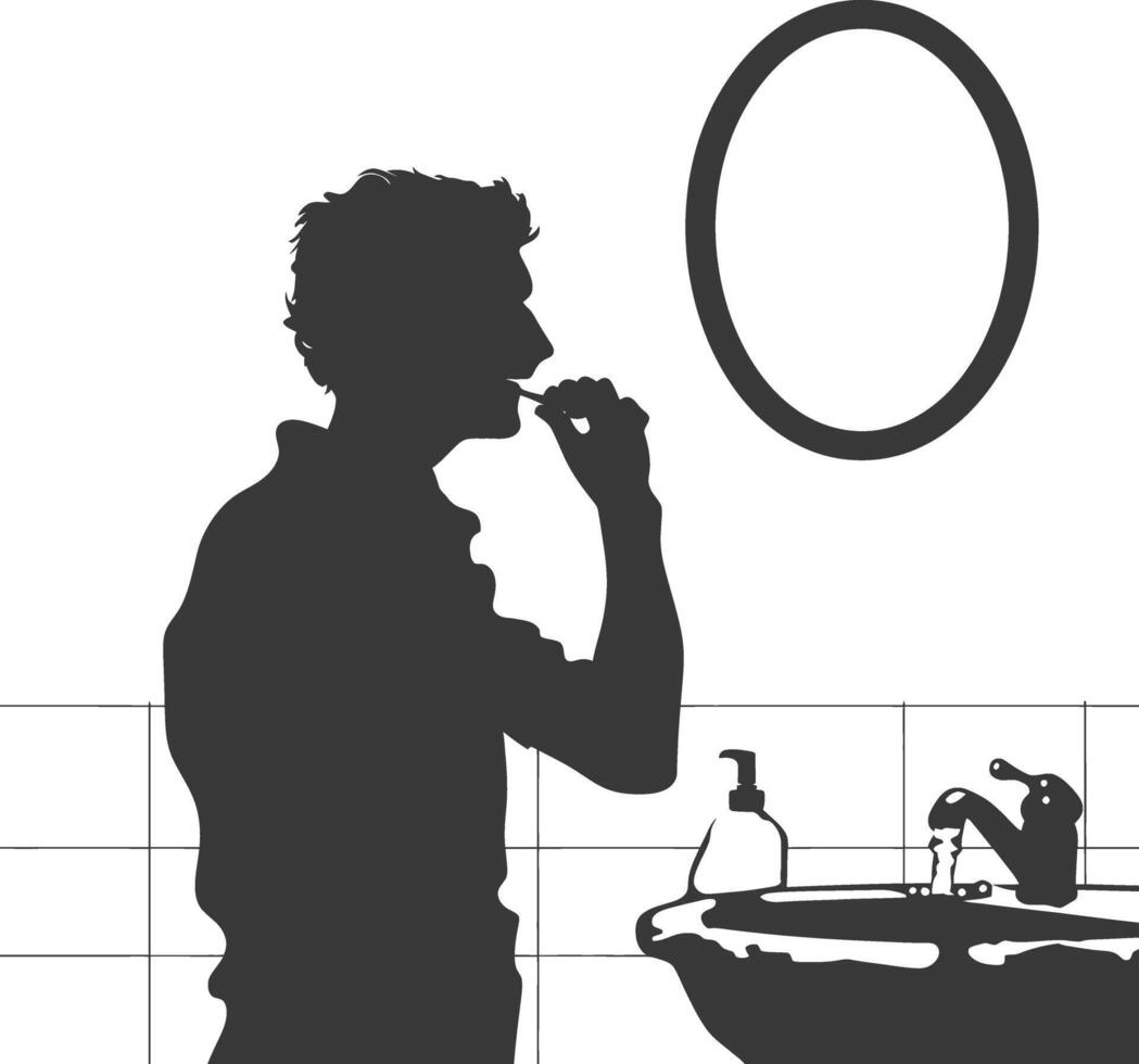 silhouette man brushing his teeth in front of the sink black color only vector