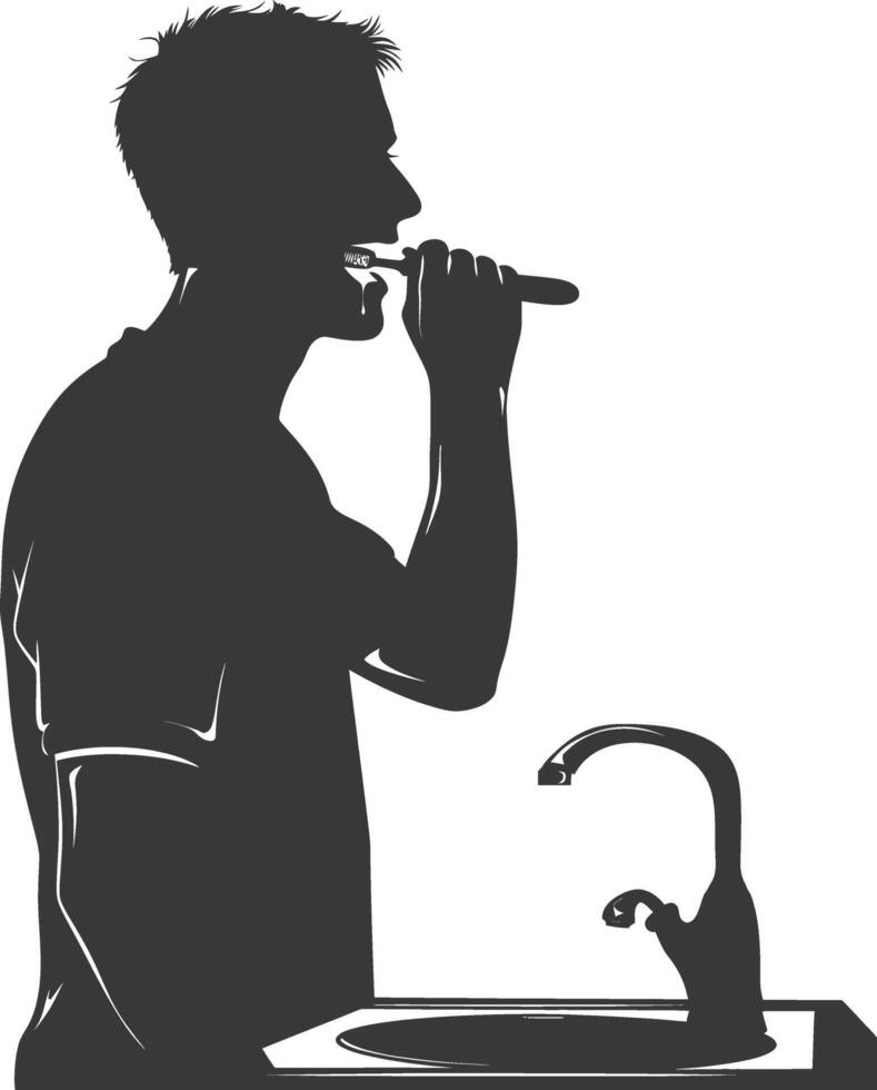 silhouette man brushing his teeth in front of the sink black color only vector