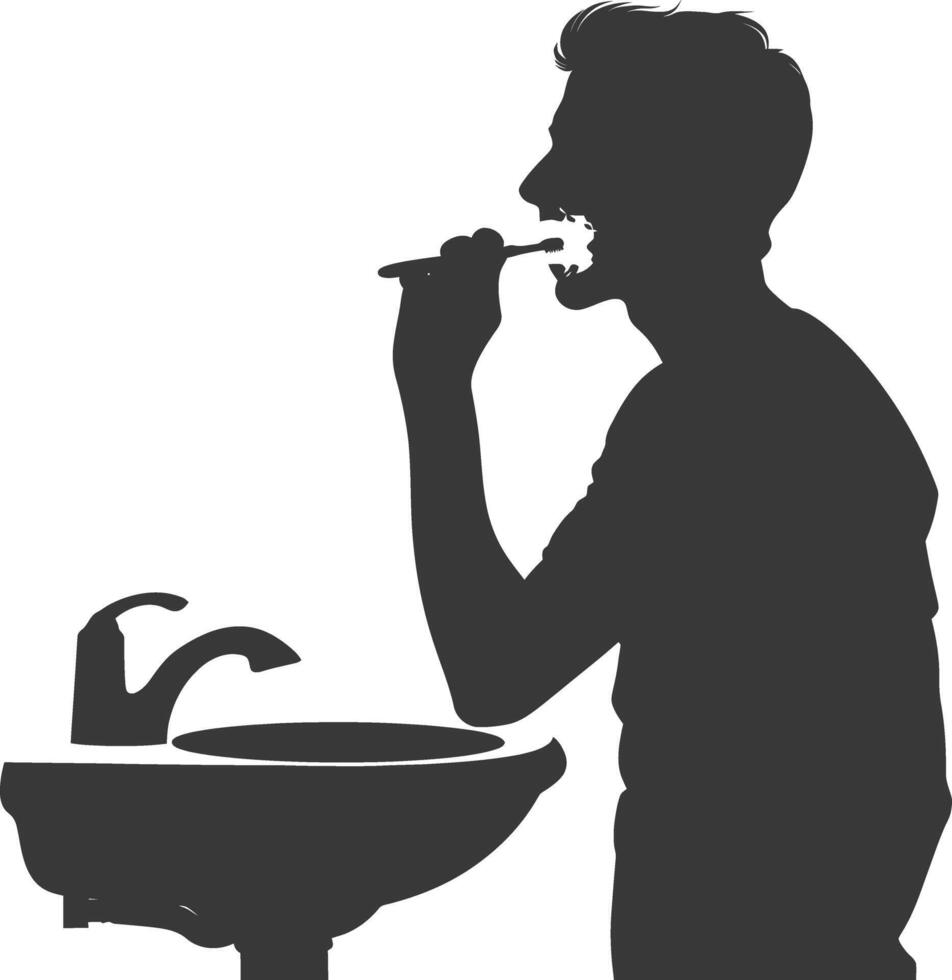 silhouette man brushing his teeth in front of the sink black color only vector