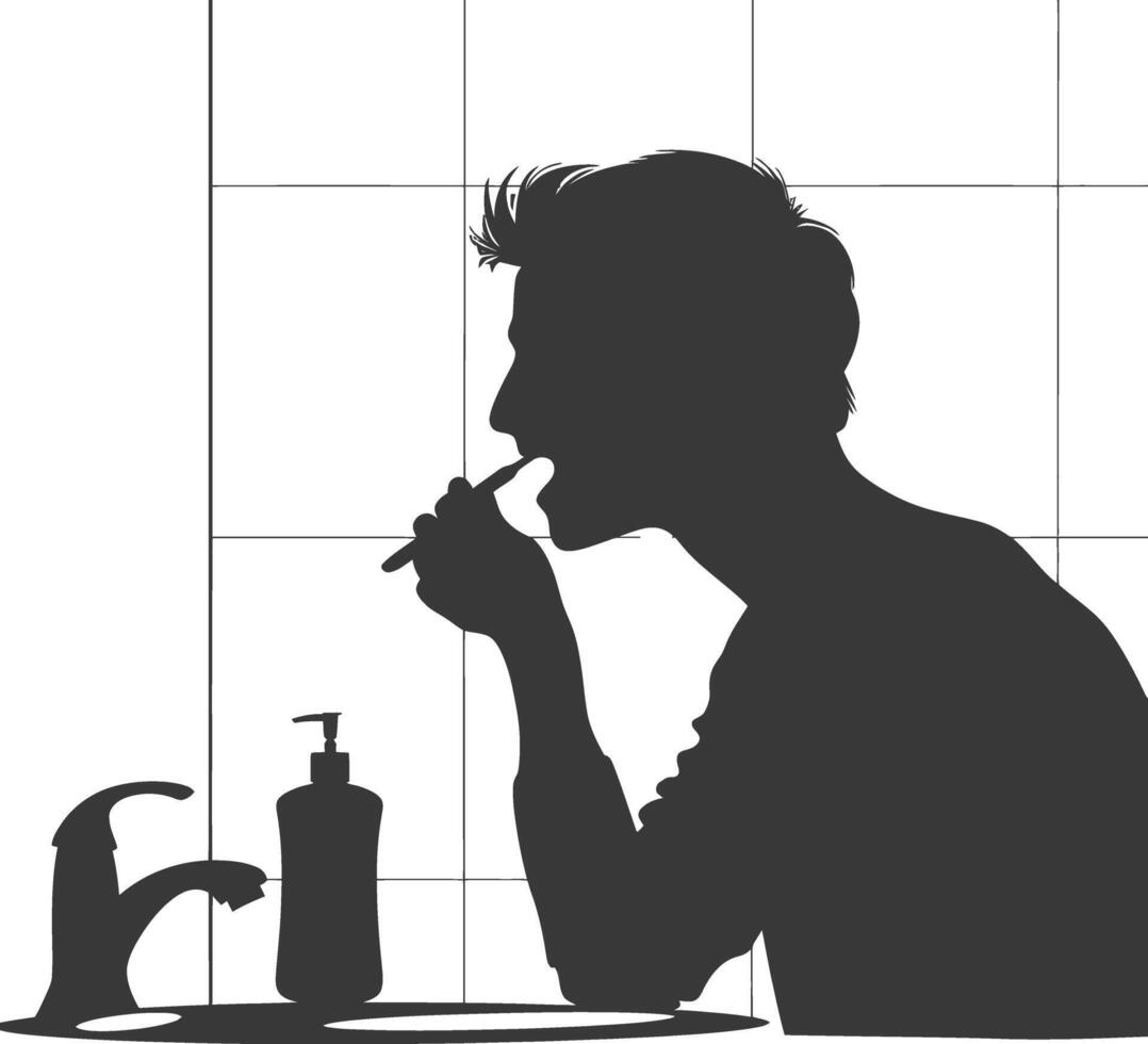 silhouette man brushing his teeth in front of the sink black color only vector