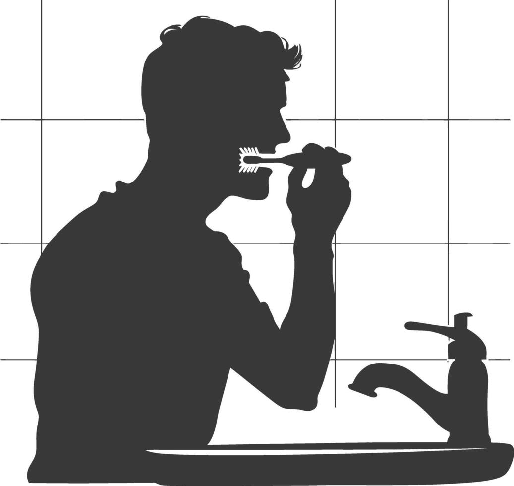 silhouette man brushing his teeth in front of the sink black color only vector