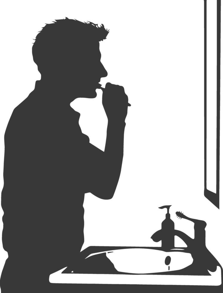 silhouette man brushing his teeth in front of the sink black color only vector