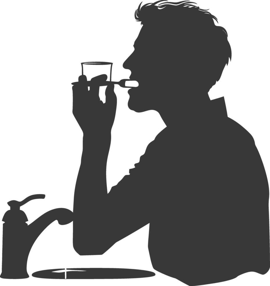 silhouette man brushing his teeth in front of the sink black color only vector