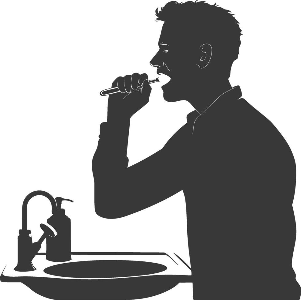 silhouette man brushing his teeth in front of the sink black color only vector