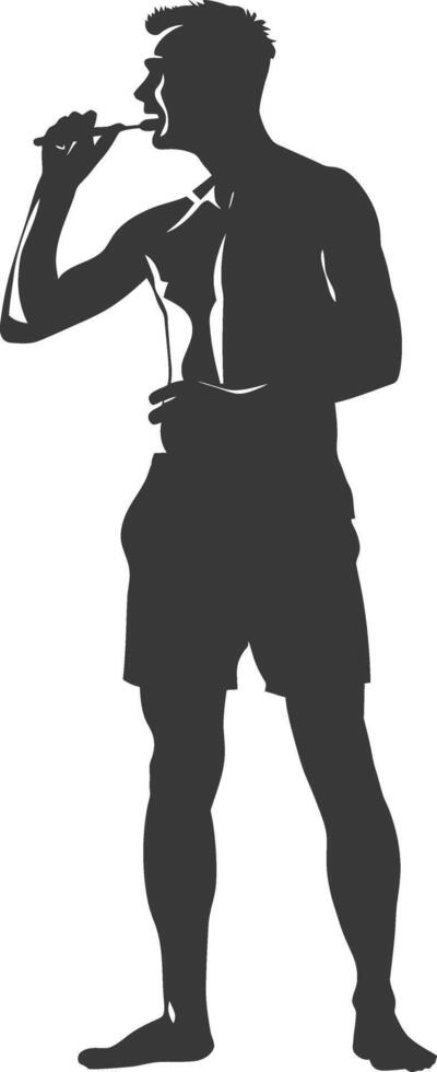 silhouette man brushing teeth full body black color only vector