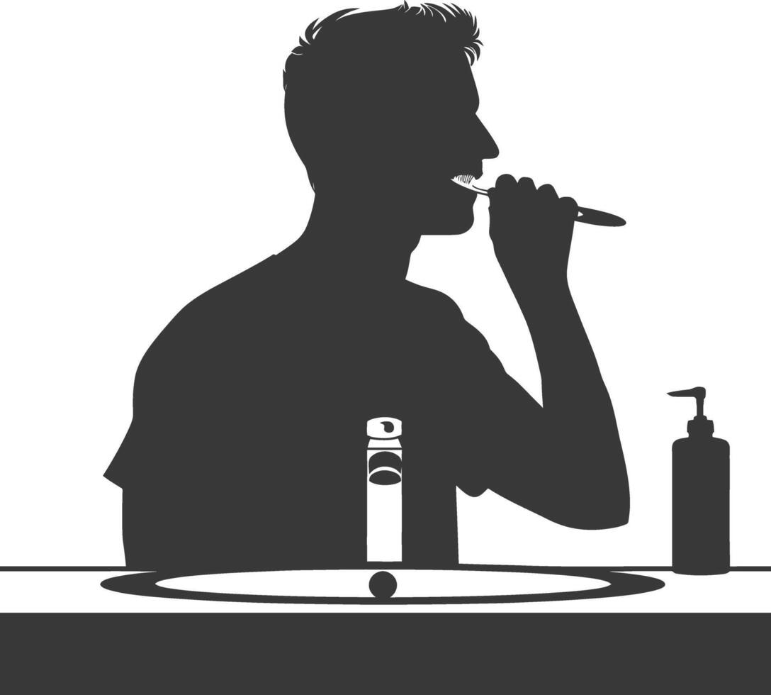silhouette man brushing his teeth in front of the sink black color only vector